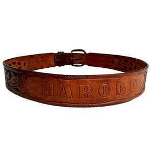 Vintage Larry Mahon Leegin Tooled Leather Belt Personalized Harold Brown Braided